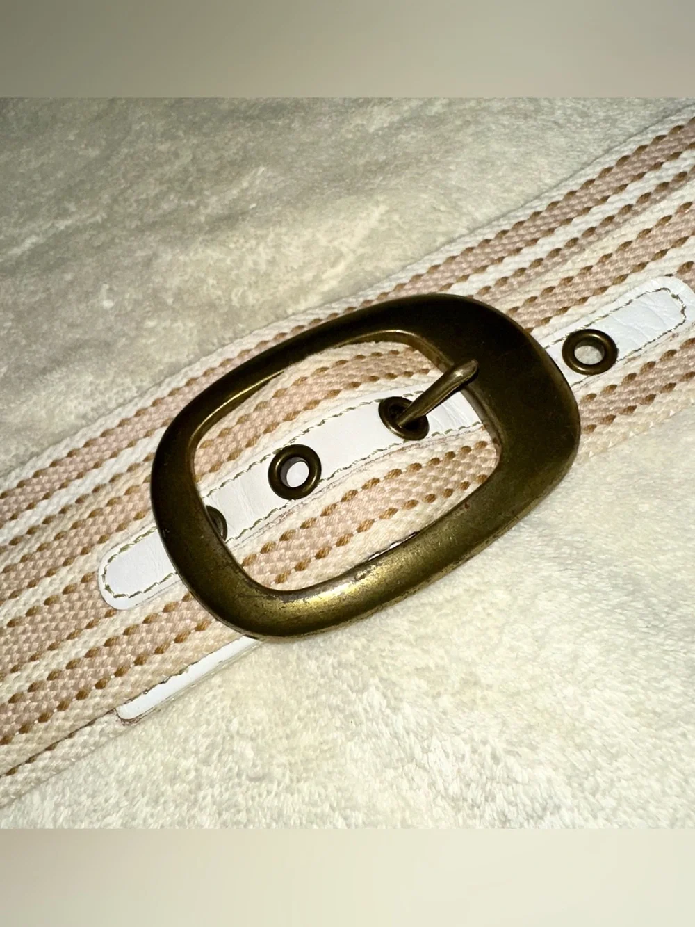 Nine West Vintage Y2K Cotton Web Belt Striped White Leather Brass Buckle Large